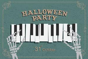pôster da festa de halloween com mãos esqueléticas tocando piano vetor