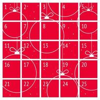 calendário do advento do natal em estilo minimalista com decorações de bolas de natal em fundo vermelho. calendário do advento com surpresas para as crianças contarem os dias até as férias de inverno. ilustração vetorial. vetor