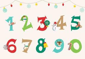 bonito feliz natal feriado festa número numérico numeral fonte design mão desenhar elementos de celebração de natal dos desenhos animados boneco de neve árvore de natal crianças crianças isoladas ilustração vetorial para decoração vetor