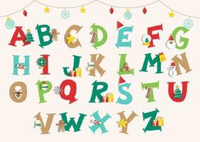bonito feliz natal festa de feriado alfabeto fonte design de letra mão desenhar elementos de celebração de natal dos desenhos animados boneco de neve árvore de natal crianças crianças ilustração vetorial para decoração de cartão de felicitações vetor