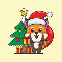 lindo panda vermelho carregando presente de natal. ilustração bonito dos desenhos animados de Natal. vetor