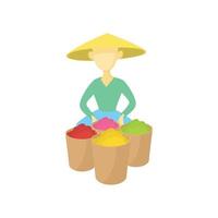 homem asiático com um chapéu cônico vende ícone de frutas vetor