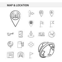 mapa e localização estilo de conjunto de ícones desenhados à mão isolado no vetor de fundo branco