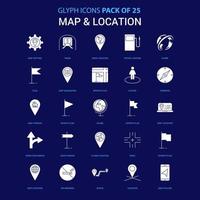 mapa e localização ícone branco sobre fundo azul 25 pacote de ícones vetor