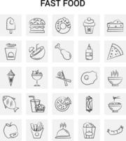 Conjunto de ícones de fast-food desenhados à mão com 25 doodles vetoriais de fundo cinza vetor