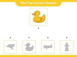 encontre a sombra correta. encontre e combine a sombra correta do pato de borracha. jogo educacional para crianças, planilha para impressão, ilustração vetorial vetor