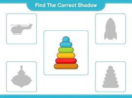 encontre a sombra correta. encontre e combine a sombra correta do brinquedo da pirâmide. jogo educacional para crianças, planilha para impressão, ilustração vetorial vetor
