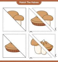 combine as metades. combine as metades da torta e do boleto de cogumelos. jogo educacional para crianças, planilha para impressão, ilustração vetorial vetor