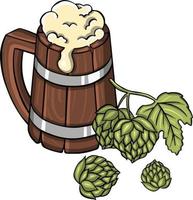 caneca de cerveja espumosa e ilustração de lúpulo vetor