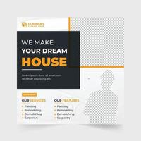 design de postagem de mídia social de negócios domésticos com cores vermelhas e amarelas. design de modelo de serviço de construção de casa para marketing online. banner web promocional de negócios de construção. vetor