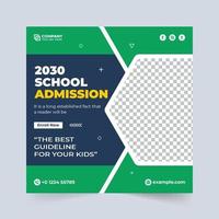 modelo de postagem de mídia social de admissão escolar com cores verdes e escuras. vetor de modelo de banner web de educação para escolas. banner de promoção de admissão escolar criativa para mídias sociais.