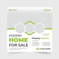 elegante casa vendendo modelo de postagem de mídia social com cores amarelas e verdes. casa minimalista vendendo design de banner web promocional para marketing digital. modelo de anúncio de negócios imobiliários. vetor