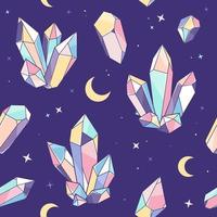 cristais, pedras preciosas, estrelas e lua sem costura padrão, fundo boho, mistério, noite, ilustração mágica vetor