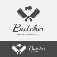 modelo de logotipo de açougue fresco com faca e animais de fazenda vintage. logotipos para empresas, restaurantes, rótulos, selos e açougues frescos. vetor