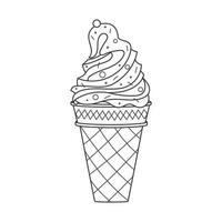 sorvete de contorno em um cone de waffle com confeitos. comida doce de verão. deliciosa sobremesa congelada. rabisco linear vetorial desenhado à mão ilustração em preto e branco isolado em um fundo branco vetor