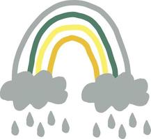 arco-íris abstrato com nuvens e chuva desenhada à mão no estilo boho. cores de tendência. rabisco. cartão, pôster, ícone, elemento de decoração de design vetor