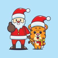 leopardo bonito com papai noel. ilustração bonito dos desenhos animados de Natal. vetor