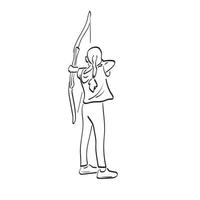 tiro com arco de garota de arte de linha de mão de ilustração vetorial de vista traseira desenhada isolada no fundo branco vetor