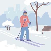 homem esquiando no parque. personagem subindo em esquis. diversão de inverno, atividade. ilustração em vetor plana.