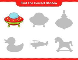 encontre a sombra correta. encontre e combine a sombra correta do ufo. jogo educacional para crianças, planilha para impressão, ilustração vetorial vetor