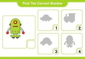 encontre a sombra correta. encontre e combine a sombra correta do personagem robô. jogo educacional para crianças, planilha para impressão, ilustração vetorial vetor