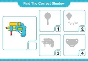 encontre a sombra correta. encontre e combine a sombra correta da pistola de água. jogo educacional para crianças, planilha para impressão, ilustração vetorial vetor