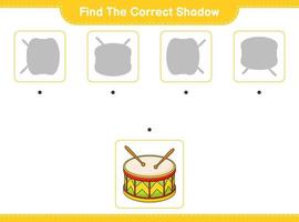 encontre a sombra correta. encontre e combine a sombra correta do tambor. jogo educacional para crianças, planilha para impressão, ilustração vetorial vetor