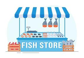 loja de peixes para comercializar vários produtos frescos e higiênicos frutos do mar em desenhos animados planos ilustração de modelos desenhados à mão vetor