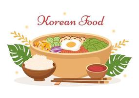menu de comida coreana de vários pratos de cozinha deliciosos tradicionais ou nacionais em desenhos animados planos ilustração de modelos desenhados à mão vetor