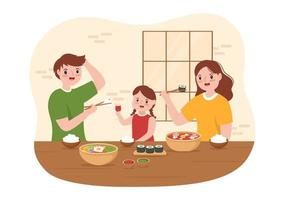 menu fixo de comida coreana de vários pratos de cozinha deliciosos tradicionais ou nacionais com família e criança em desenhos animados planos ilustração de modelos desenhados à mão vetor