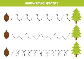 linhas de rastreamento para crianças. pinheiro e pinha. prática da escrita. vetor