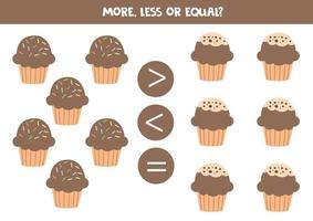mais, menos ou igual com cupcakes ou muffins de desenho animado. vetor