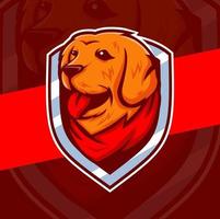 design de logotipo de mascote de cachorro golden retriever com emblemas e bandana vetor