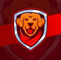 design de logotipo de mascote de cachorro golden retriever com emblemas e bandana vetor