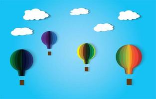 nuvens e balões de ar quente design de estilo de arte de papel vetor
