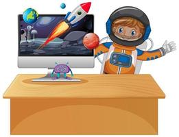 computador com cena espacial e menino astronauta vetor