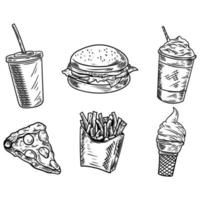 Conjunto de fast food desenhado à mão vetor