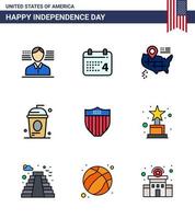 feliz dia da independência 9 linhas planas preenchidas pacote de ícones para web e impressão segurança mapa americano bebida independente bebida editável dia dos eua elementos de design vetorial vetor