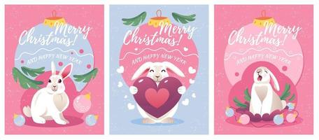 cartões de natal e ano novo com um coelho fofo e decorações de natal. ilustração vetorial vetor