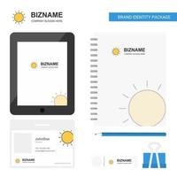 Sun business logo guia app diário cartão de funcionário em pvc e modelo de vetor de design de pacote estacionário de marca usb