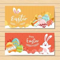 banners de feliz páscoa com ovos e coelhos decorados vetor