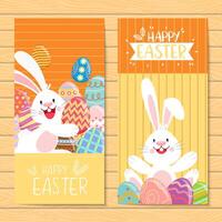 banners de feliz páscoa com ovos e coelho decorados vetor