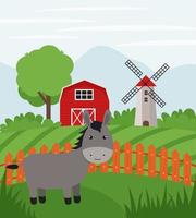 burro de fazenda em terras agrícolas. paisagem rural. ilustração vetorial plana de rancho rural vetor