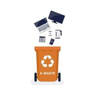segregação de resíduos. separar o lixo por material e digitar em lixeiras coloridas. utilização de resíduos e ecologia salvam o conceito. vetor
