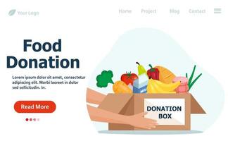 conceito de doação de comida e mercearia. caridade, doação de alimentos para pessoas carentes. voluntariado doe com produtos de nutrição. bandeira da web do vetor. vetor
