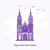 saigan notre dame basílica marco linha pontilhada roxa linha do horizonte ilustração vetorial vetor