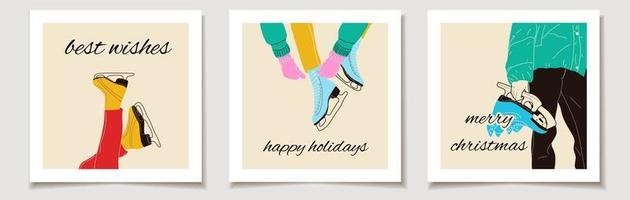 cartão de presente de vetor de natal ou tag de natal conjunto de três patins de gelo coloridos para patinação artística no inverno. letras de feliz natal, muitas felicidades.