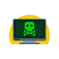 ilustração de um monitor de computador com caveira verde. ilustração em vetor tema hacker.