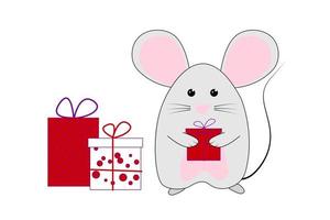 ratinho bonitinho em um fundo branco está segurando um presente para cartões, calendários, ilustração de desenho animado banner.vector isolada no fundo branco vetor
