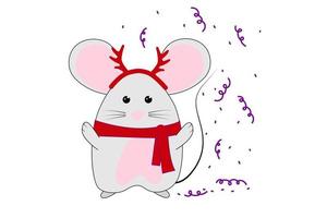 rato engraçado com aro com chifres de veado. ilustração para cartões, calendários, impressões etc. mouse de desenho de mão para design de natal vetor